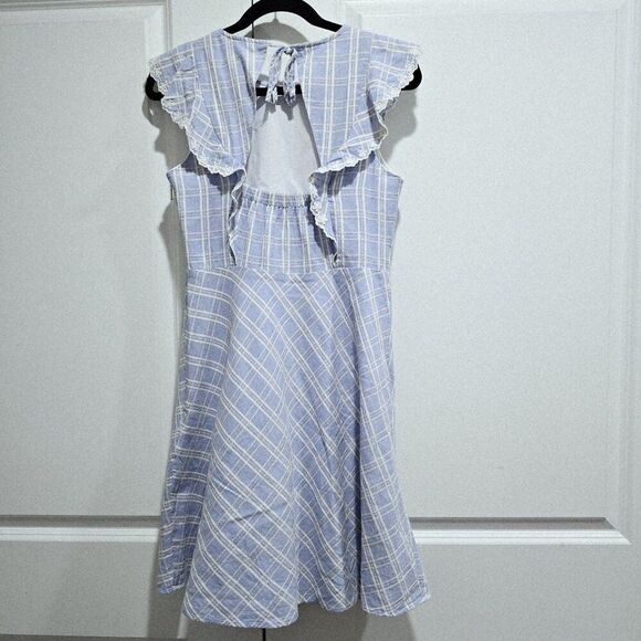 Draper James - 4 Cotton Linen Blue Plaid Fit & Flare Dress Ruffle Embroidery - Picture 4 of 7